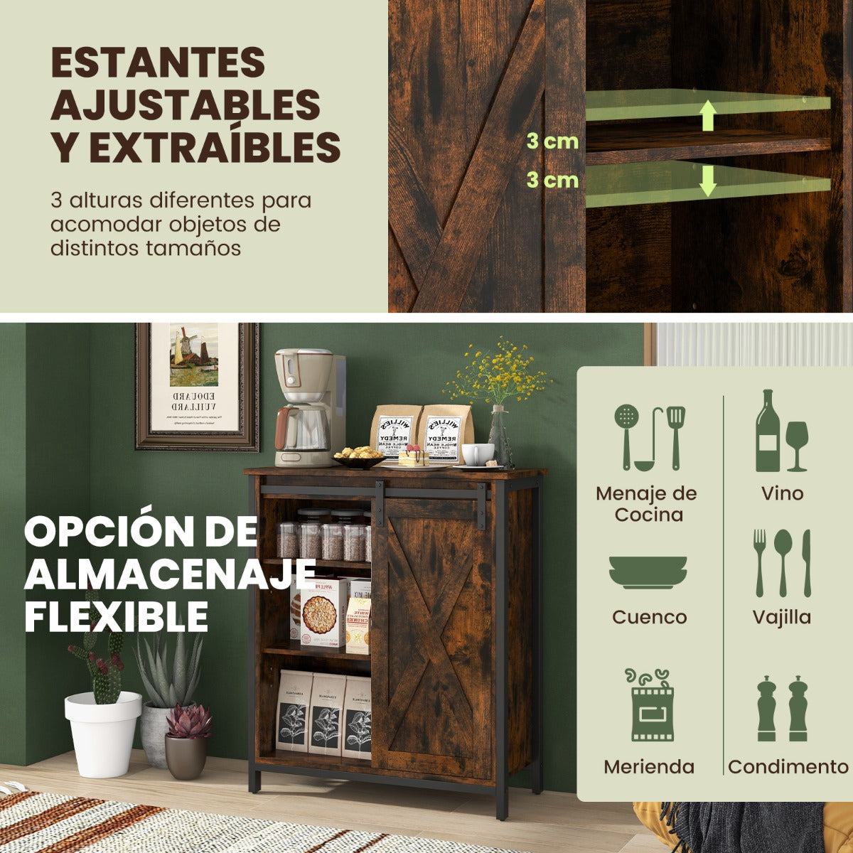 Gabinete de Almacenamiento Estilo Granja de 81 cm Aparador con Puerta Corrediza de Granero Estantes Ajustables para Comedor Marrón