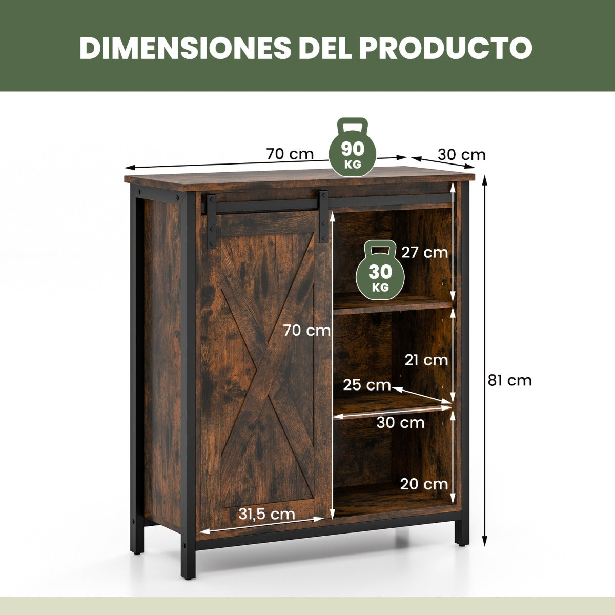 Gabinete de Almacenamiento Estilo Granja de 81 cm Aparador con Puerta Corrediza de Granero Estantes Ajustables para Comedor Marrón