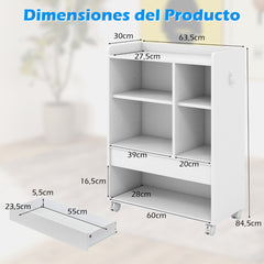Gabinete de Almacenamiento Móvil con Cajón Organizador de Piso con Estantes Ajustables Archivador con Ruedas para Salón Oficina Blanco