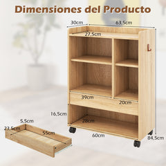 Gabinete de Almacenamiento Móvil con Cajón Organizador de Piso con Estantes Ajustables Archivador con Ruedas para Salón Oficina Natural
