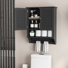 Armario de Pared para Baño Gabinete Colgante con 2 Puertas Estante Ajustable Barra de Toalla para Lavandería Cocina 60 x 22 x 75 cm Negro