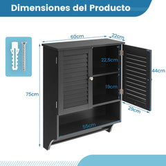 Armario de Pared para Baño Gabinete Colgante con 2 Puertas Estante Ajustable Barra de Toalla para Lavandería Cocina 60 x 22 x 75 cm Negro