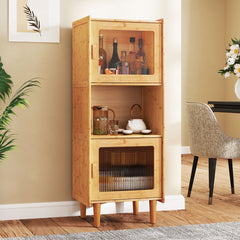 Gabinete de Bambú Estantería de Cocina con 3 Cubos y Compartmento Abierto 2 Puertas Acrílicas Librero Independiente Mueble Lateral Natural