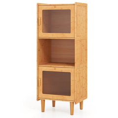 Gabinete de Bambú Estantería de Cocina con 3 Cubos y Compartmento Abierto 2 Puertas Acrílicas Librero Independiente Mueble Lateral Natural