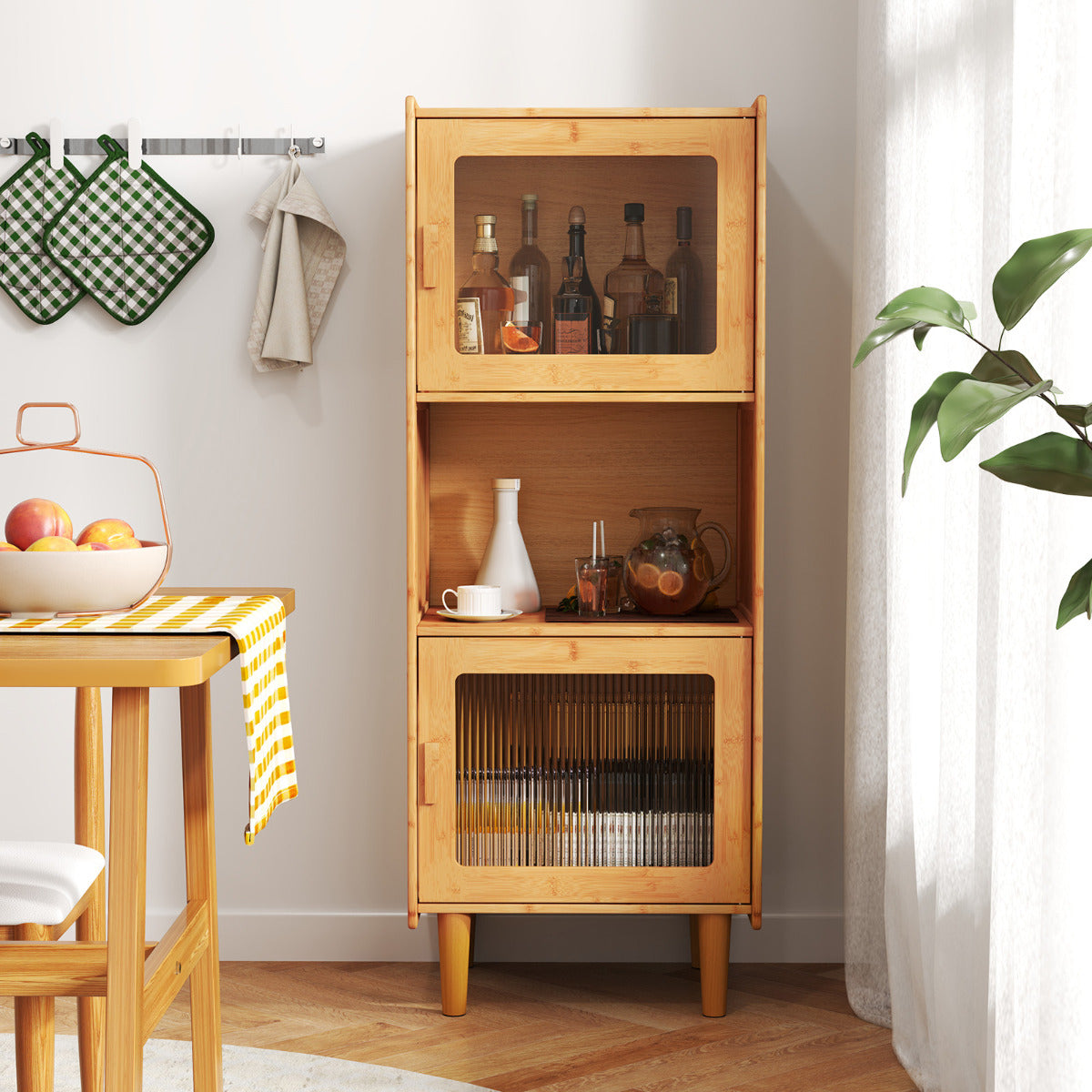 Gabinete de Bambú Estantería de Cocina con 3 Cubos y Compartmento Abierto 2 Puertas Acrílicas Librero Independiente Mueble Lateral Natural