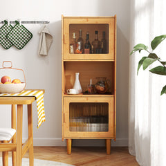 Gabinete de Bambú Estantería de Cocina con 3 Cubos y Compartmento Abierto 2 Puertas Acrílicas Librero Independiente Mueble Lateral Natural
