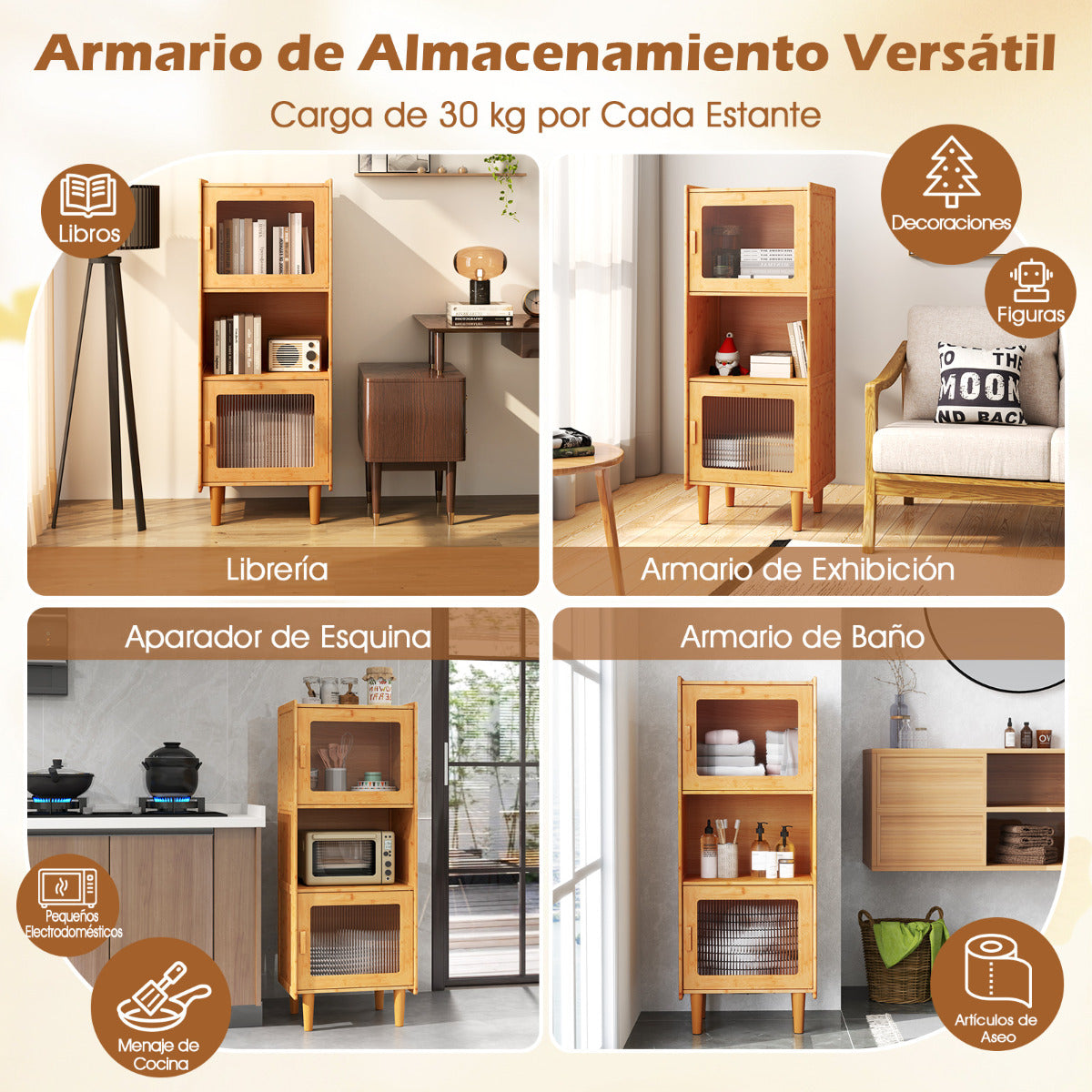 Gabinete de Bambú Estantería de Cocina con 3 Cubos y Compartmento Abierto 2 Puertas Acrílicas Librero Independiente Mueble Lateral Natural