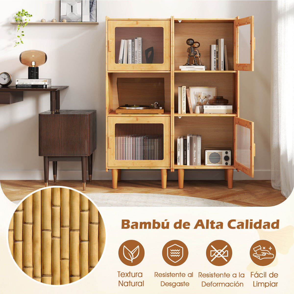 Gabinete de Bambú Estantería de Cocina con 3 Cubos y Compartmento Abierto 2 Puertas Acrílicas Librero Independiente Mueble Lateral Natural