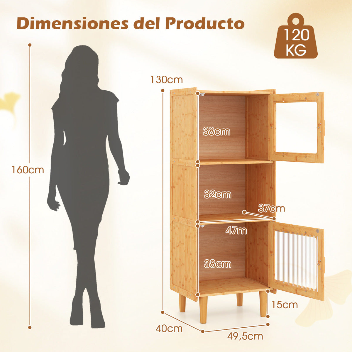Gabinete de Bambú Estantería de Cocina con 3 Cubos y Compartmento Abierto 2 Puertas Acrílicas Librero Independiente Mueble Lateral Natural