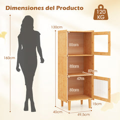 Gabinete de Bambú Estantería de Cocina con 3 Cubos y Compartmento Abierto 2 Puertas Acrílicas Librero Independiente Mueble Lateral Natural
