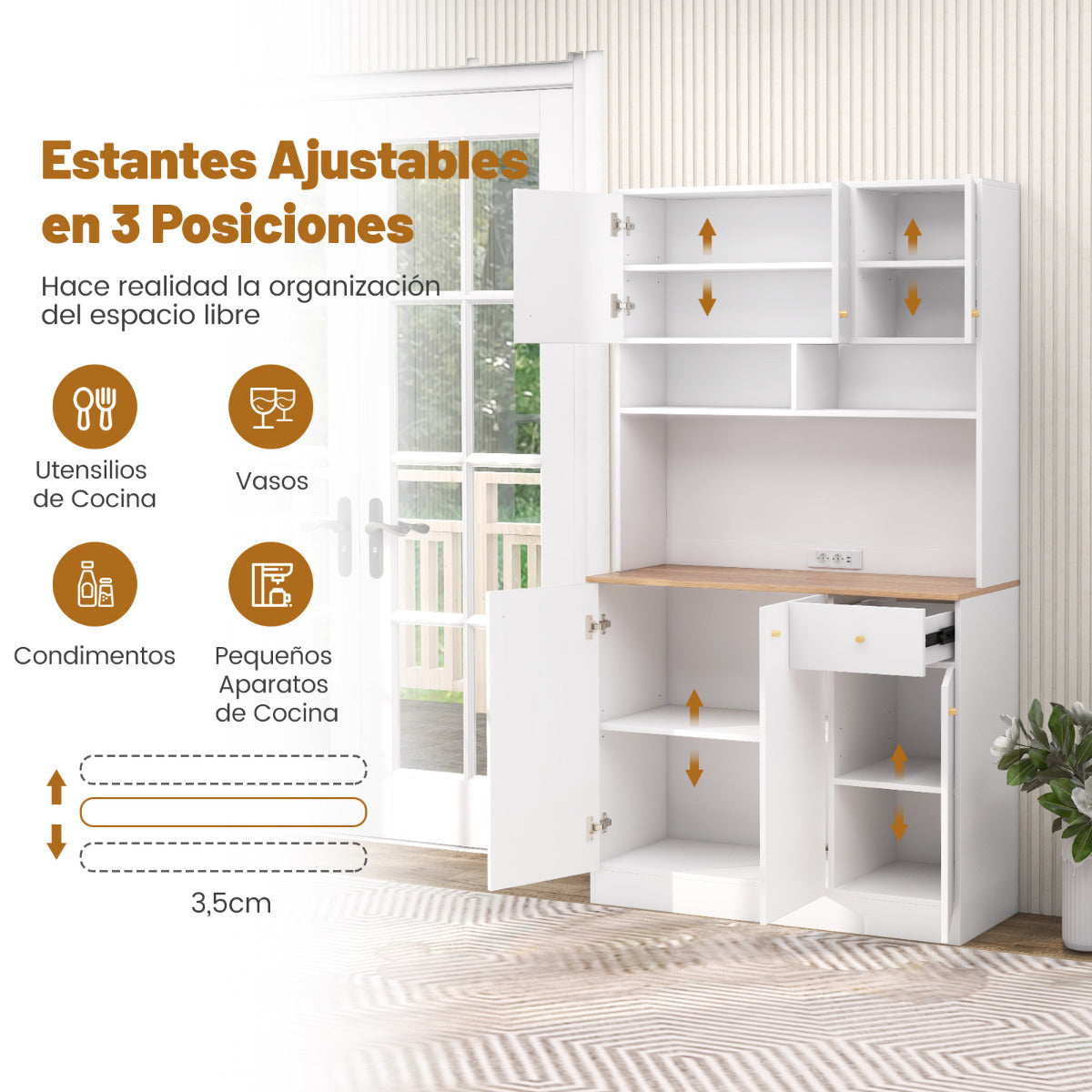 Armario Buffet de Cocina con Tomas de Corriente Puerto USB Kits Antivuelco Estantes Ajustables de 3 Posiciones 100 x 40 x 181 cm Blanco