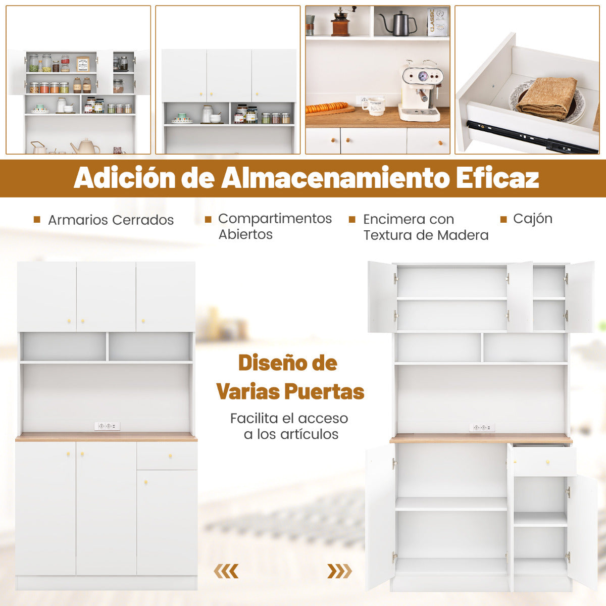 Armario Buffet de Cocina con Tomas de Corriente Puerto USB Kits Antivuelco Estantes Ajustables de 3 Posiciones 100 x 40 x 181 cm Blanco
