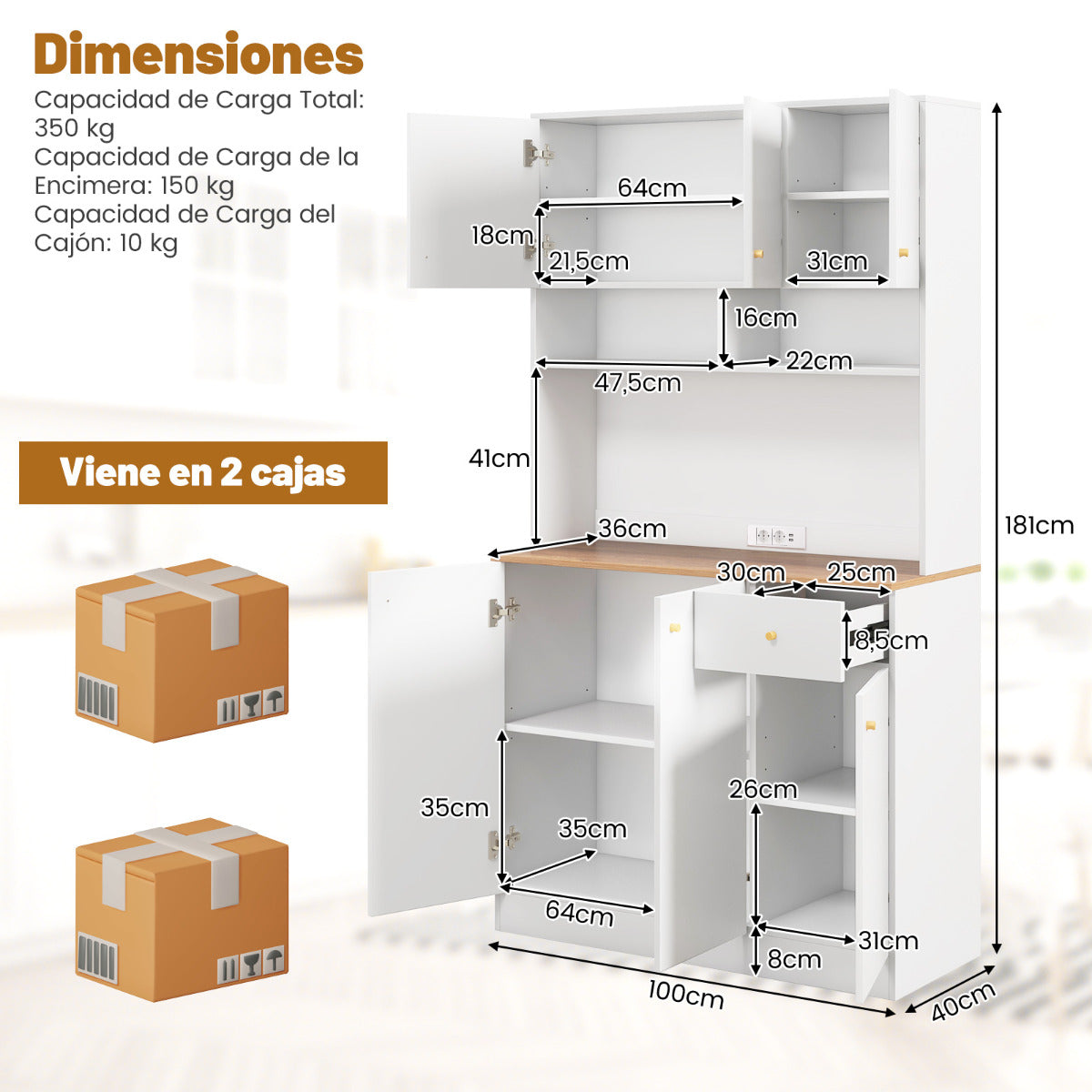 Armario Buffet de Cocina con Tomas de Corriente Puerto USB Kits Antivuelco Estantes Ajustables de 3 Posiciones 100 x 40 x 181 cm Blanco