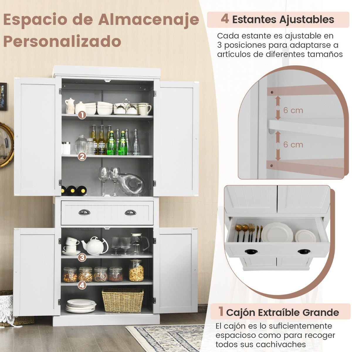 Armario Independiente con Estantes Ajustables Gabinetes de 2 Puertas y Cajón para Sala de Estar Comedor y Pasillo 76 x 40 x 183 cm Blanco