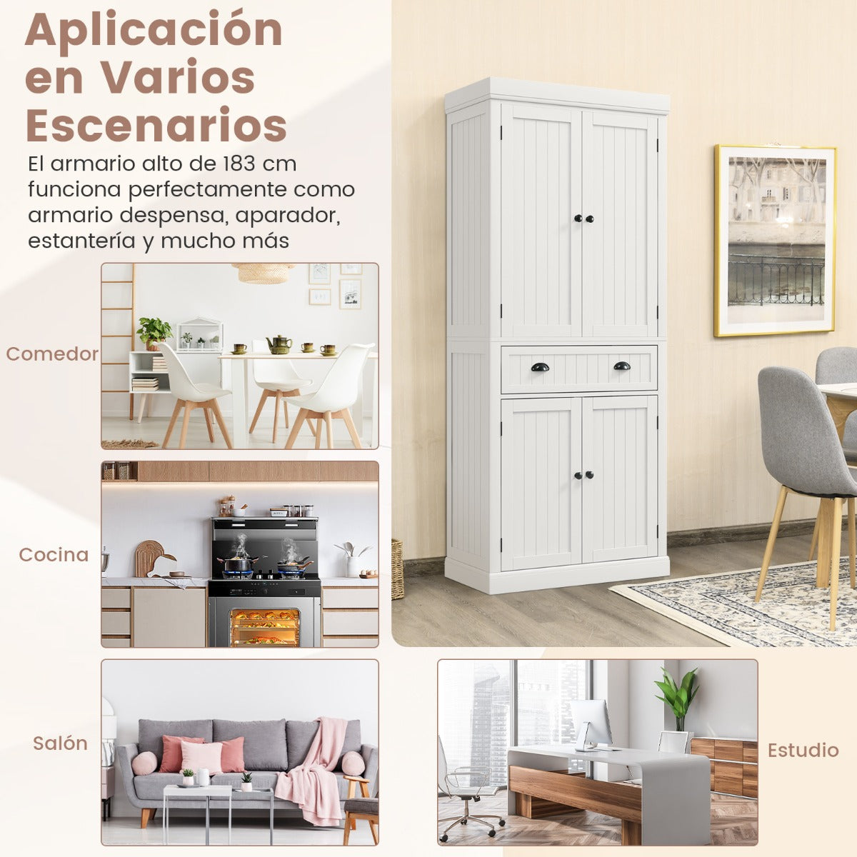 Armario Independiente con Estantes Ajustables Gabinetes de 2 Puertas y Cajón para Sala de Estar Comedor y Pasillo 76 x 40 x 183 cm Blanco