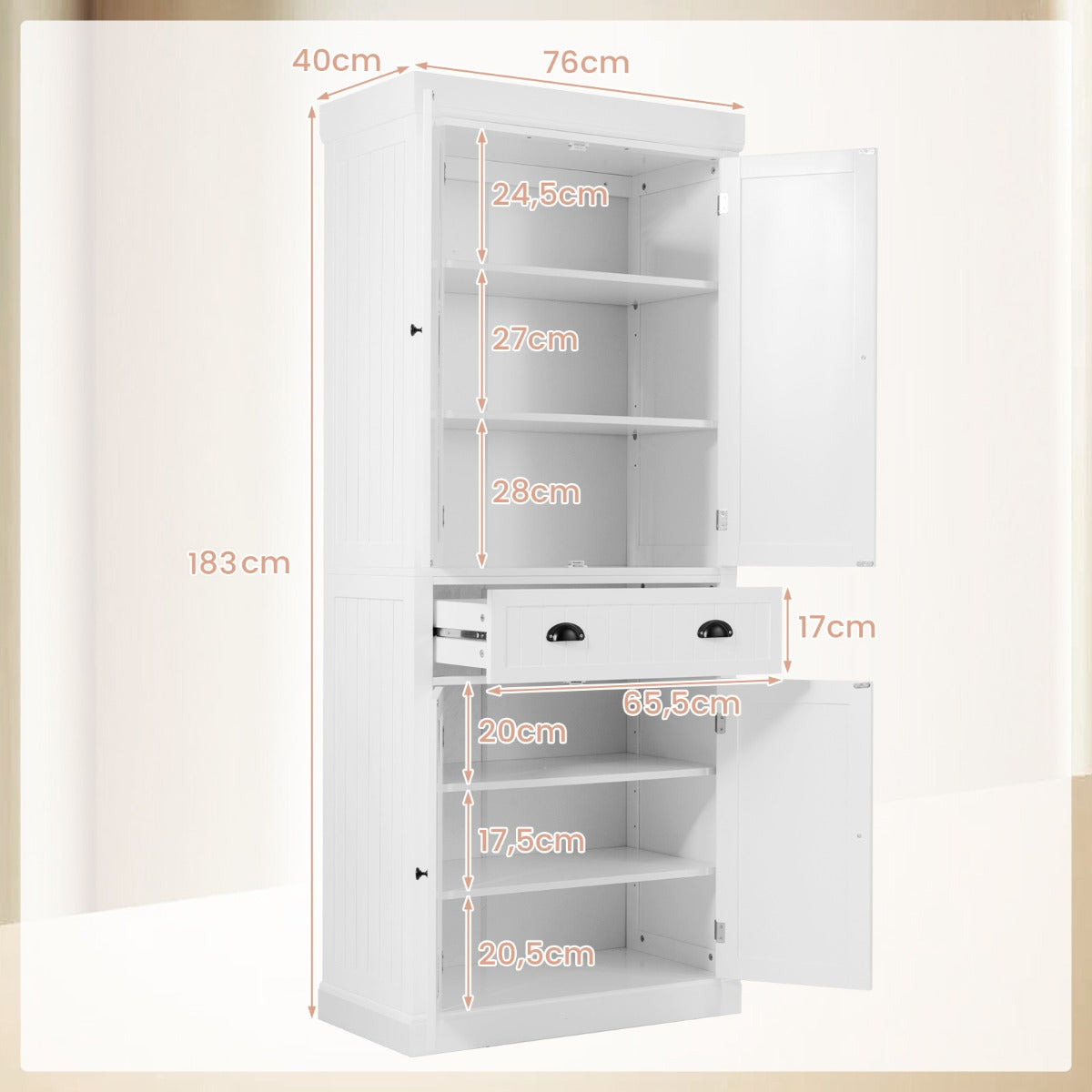 Armario Independiente con Estantes Ajustables Gabinetes de 2 Puertas y Cajón para Sala de Estar Comedor y Pasillo 76 x 40 x 183 cm Blanco