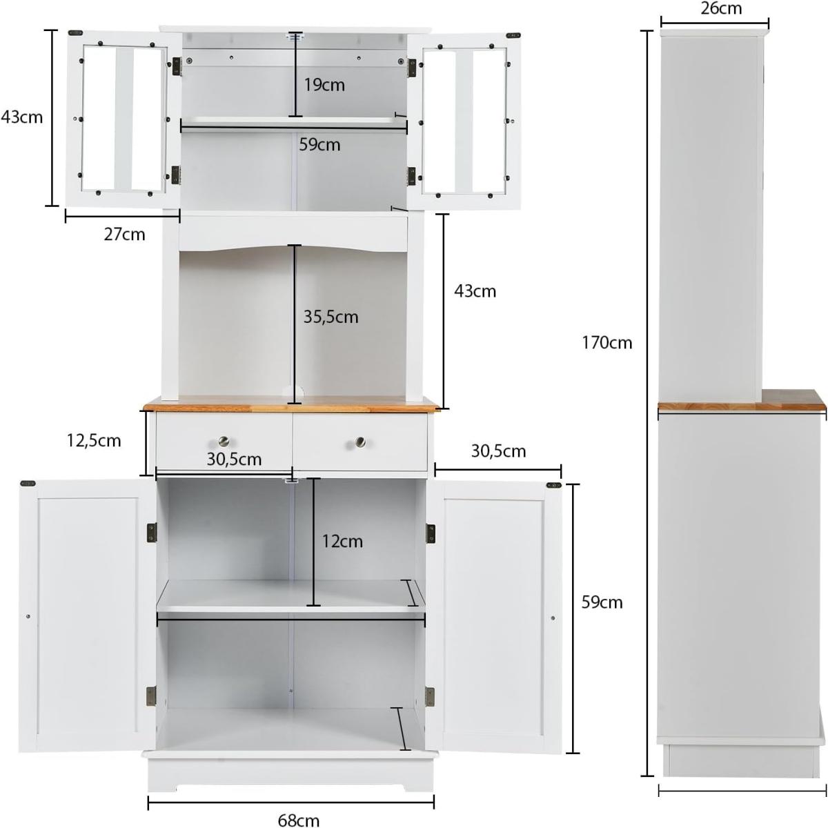 Aparador de Cocina Armario con 2 Puertas de Vidrio Templado 2 Cajones 3 Estantes Ajustables y Estante Abierto 68 x 40 x 170 cm Blanco