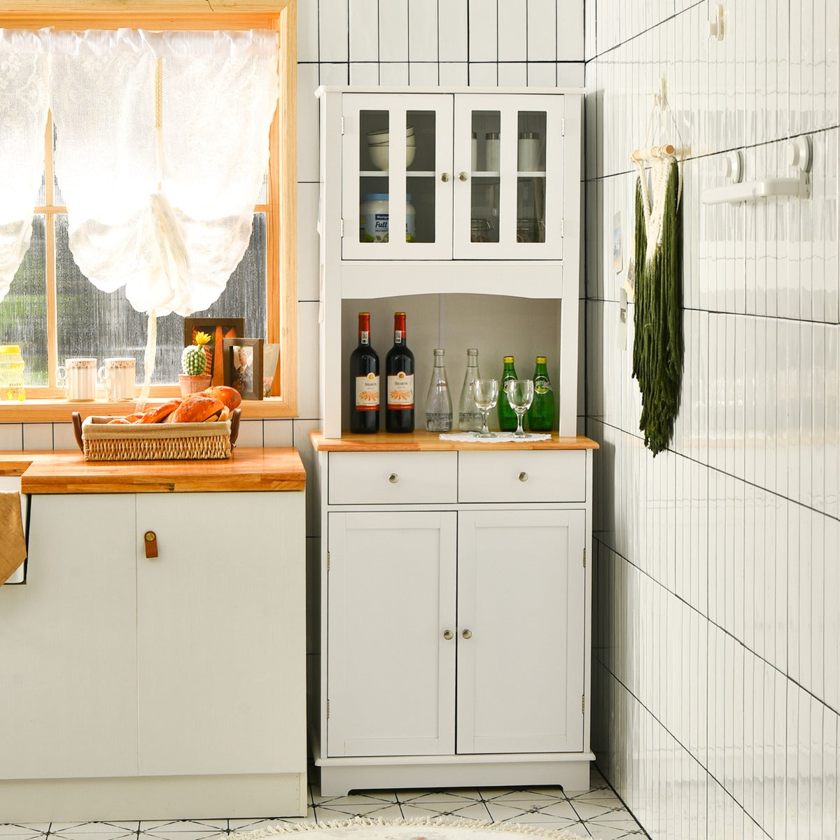 Aparador de Cocina Armario con 2 Puertas de Vidrio Templado 2 Cajones 3 Estantes Ajustables y Estante Abierto 68 x 40 x 170 cm Blanco