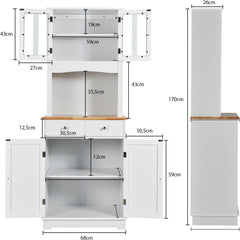 Aparador de Cocina Armario con 2 Puertas de Vidrio Templado 2 Cajones 3 Estantes Ajustables y Estante Abierto 68 x 40 x 170 cm Blanco