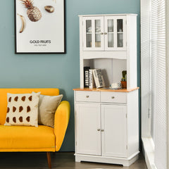 Aparador de Cocina Armario con 2 Puertas de Vidrio Templado 2 Cajones 3 Estantes Ajustables y Estante Abierto 68 x 40 x 170 cm Blanco