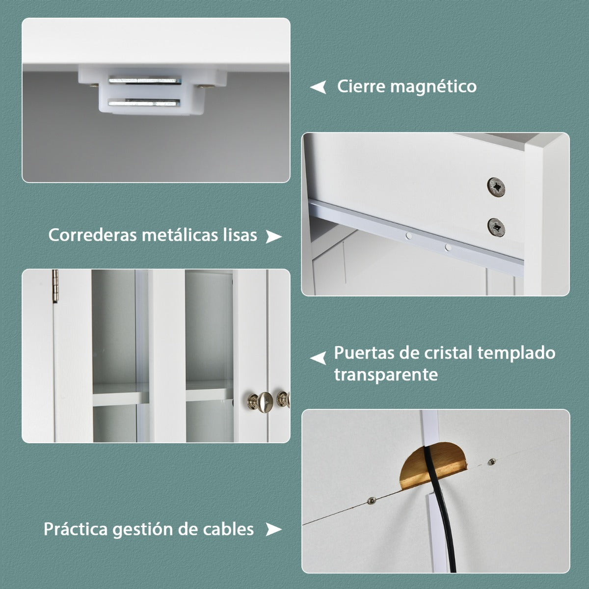 Aparador de Cocina Armario con 2 Puertas de Vidrio Templado 2 Cajones 3 Estantes Ajustables y Estante Abierto 68 x 40 x 170 cm Blanco