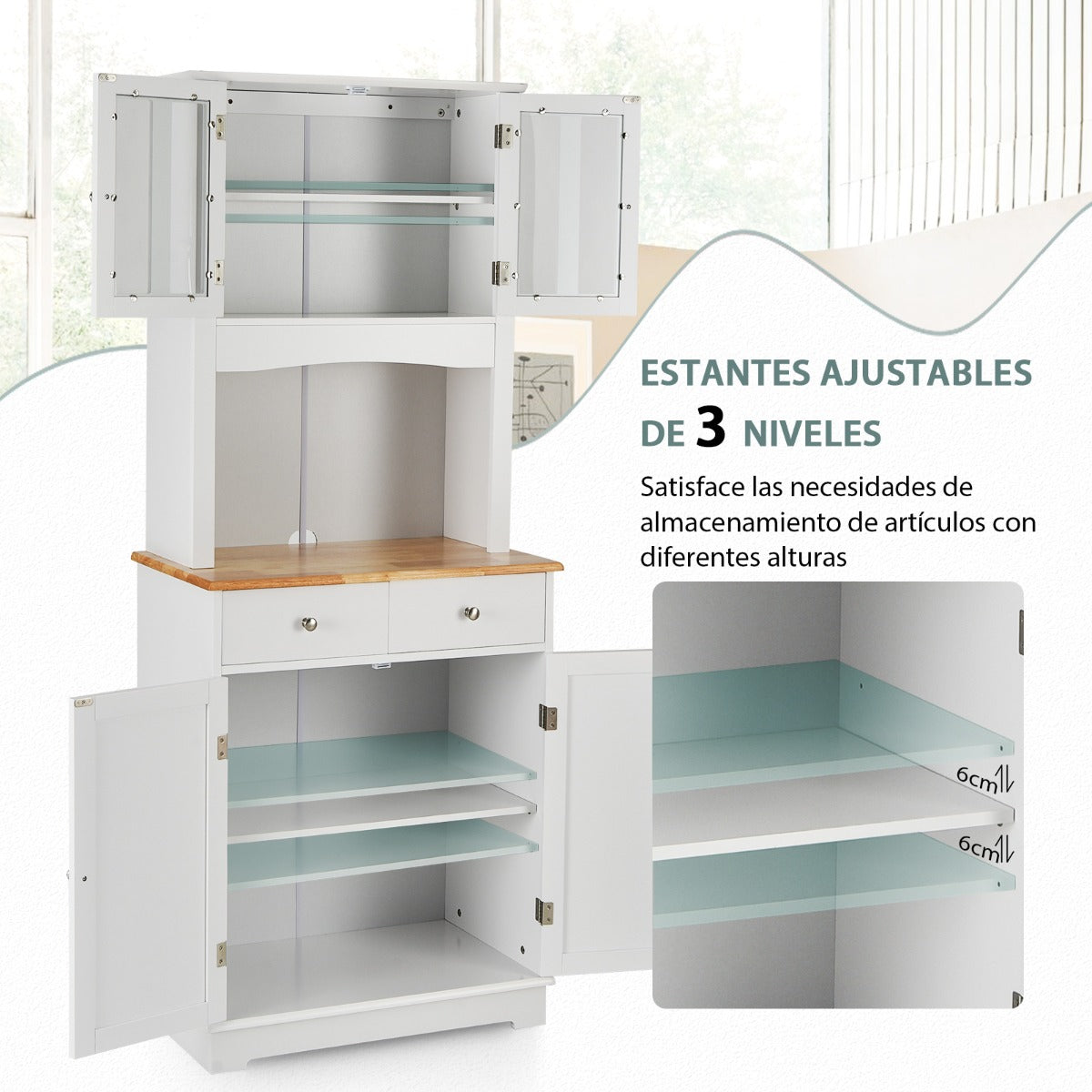 Aparador de Cocina Armario con 2 Puertas de Vidrio Templado 2 Cajones 3 Estantes Ajustables y Estante Abierto 68 x 40 x 170 cm Blanco