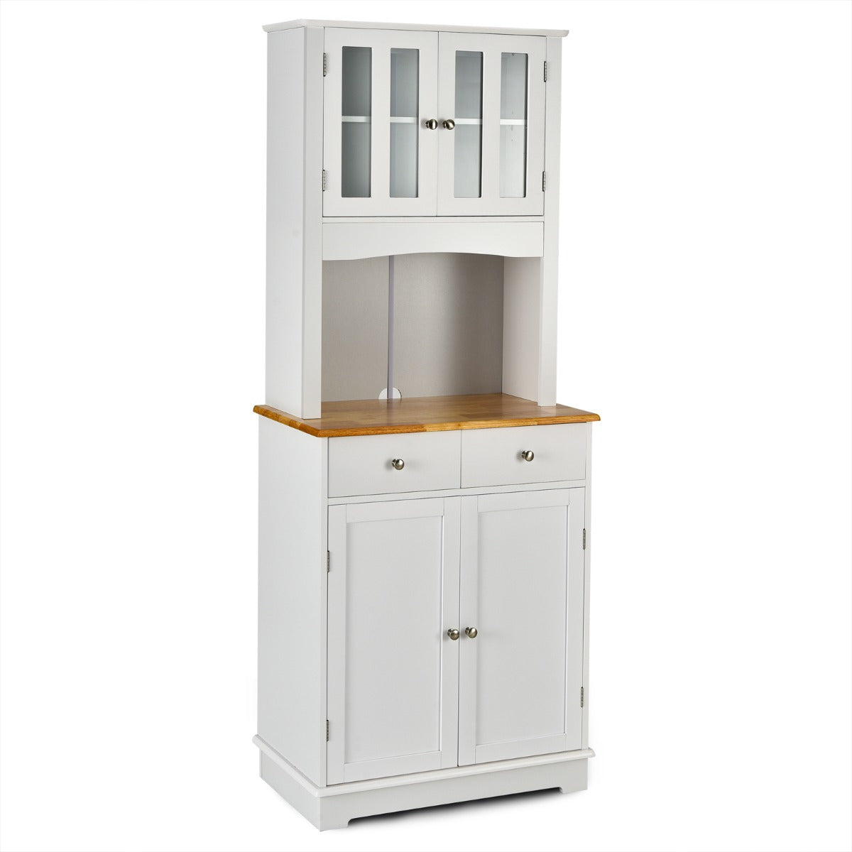 Aparador de Cocina Armario con 2 Puertas de Vidrio Templado 2 Cajones 3 Estantes Ajustables y Estante Abierto 68 x 40 x 170 cm Blanco