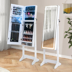 Gabinete de Joyería de Pie con Espejo Iluminado de Cuerpo Entero Luces LED Caja de Lápiz Labial 2 Cajones de 3 Ángulos Ajustables Blanco