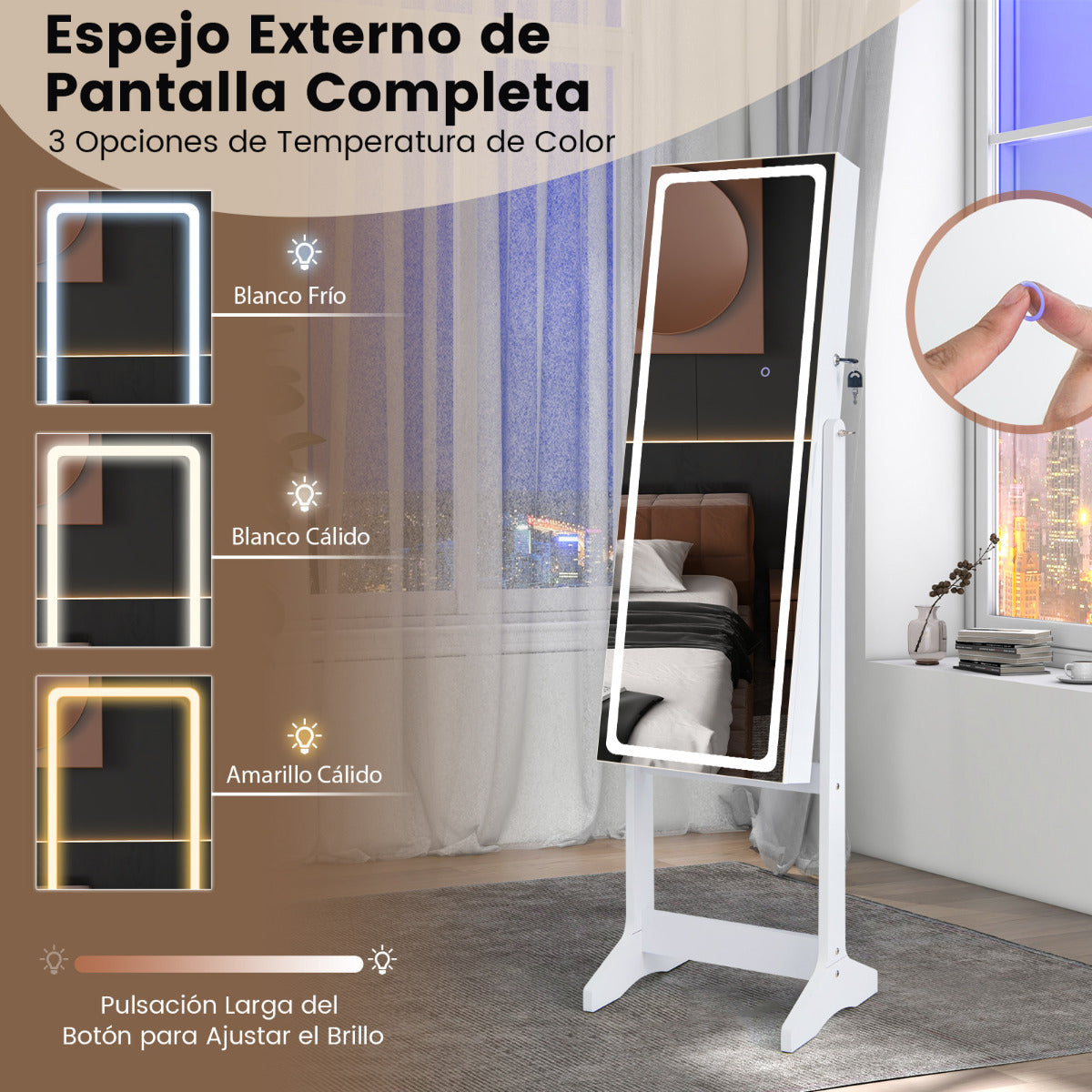 Gabinete de Joyería de Pie con Espejo Iluminado de Cuerpo Entero Luces LED Caja de Lápiz Labial 2 Cajones de 3 Ángulos Ajustables Blanco