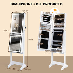 Gabinete de Joyería de Pie con Espejo Iluminado de Cuerpo Entero Luces LED Caja de Lápiz Labial 2 Cajones de 3 Ángulos Ajustables Blanco