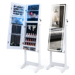 Gabinete de Joyería de Pie con Espejo Iluminado de Cuerpo Entero Luces LED Caja de Lápiz Labial 2 Cajones de 3 Ángulos Ajustables Blanco