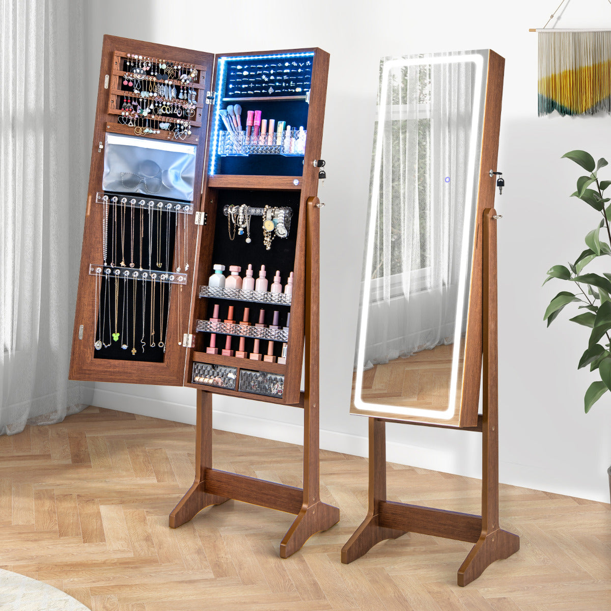 Gabinete de Joyería de Pie con Espejo Iluminado de Cuerpo Entero Luces LED Caja de Lápiz Labial 2 Cajones de 3 Ángulos Ajustables Marrón