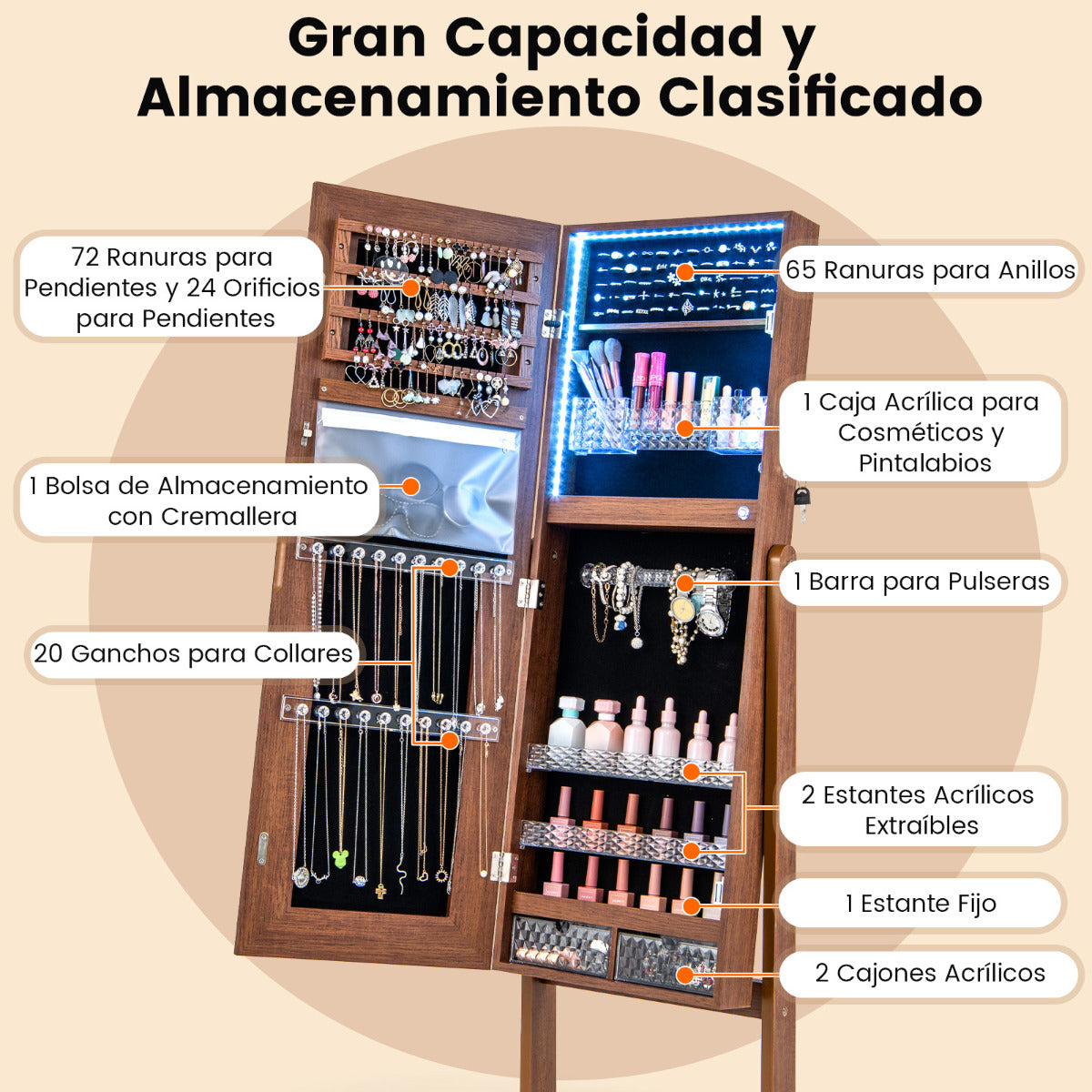 Gabinete de Joyería de Pie con Espejo Iluminado de Cuerpo Entero Luces LED Caja de Lápiz Labial 2 Cajones de 3 Ángulos Ajustables Marrón