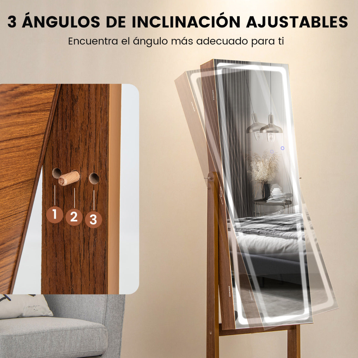 Gabinete de Joyería de Pie con Espejo Iluminado de Cuerpo Entero Luces LED Caja de Lápiz Labial 2 Cajones de 3 Ángulos Ajustables Marrón