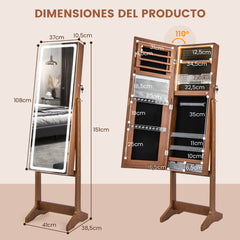 Gabinete de Joyería de Pie con Espejo Iluminado de Cuerpo Entero Luces LED Caja de Lápiz Labial 2 Cajones de 3 Ángulos Ajustables Marrón