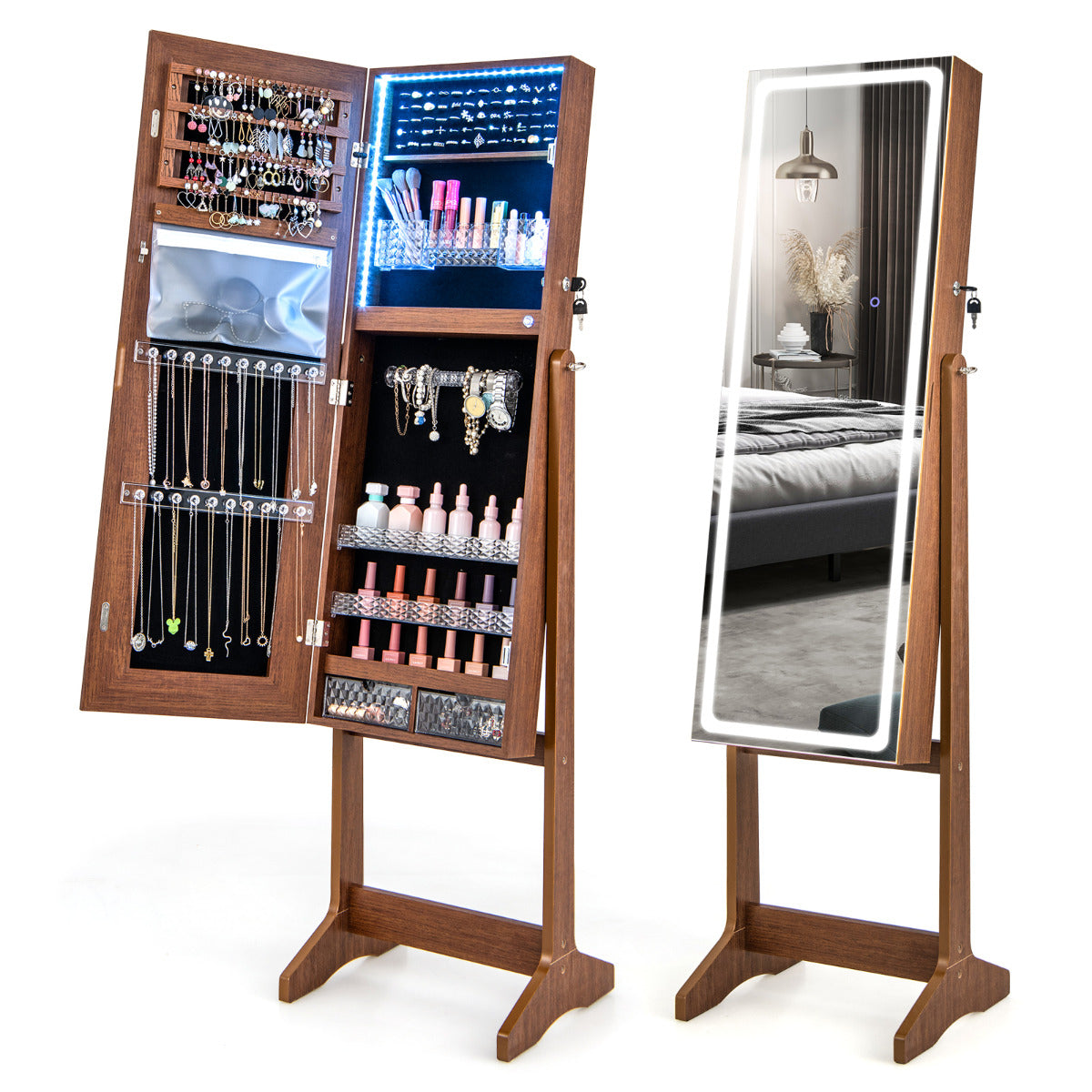 Gabinete de Joyería de Pie con Espejo Iluminado de Cuerpo Entero Luces LED Caja de Lápiz Labial 2 Cajones de 3 Ángulos Ajustables Marrón