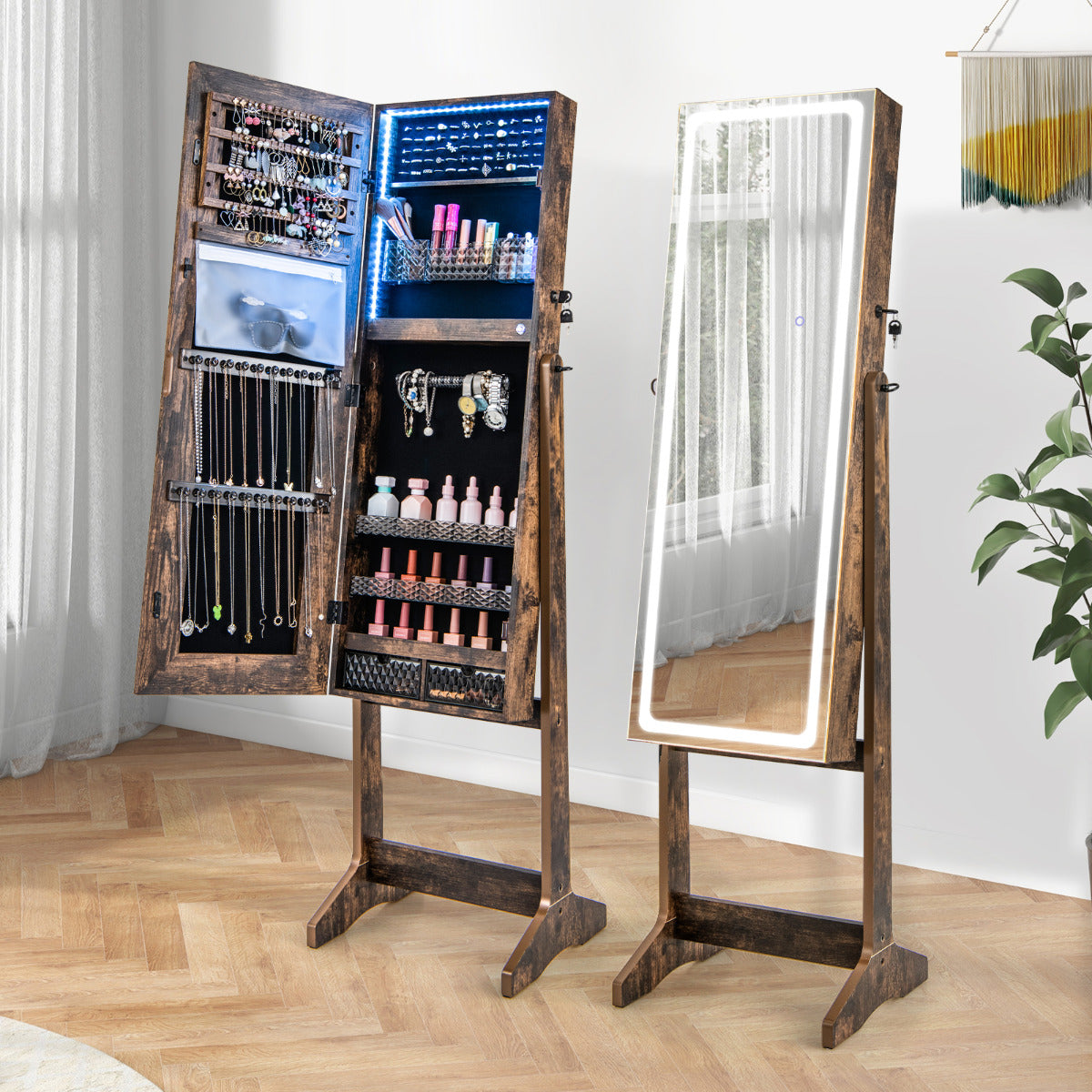 Gabinete de Joyería de Pie con Espejo Iluminado de Cuerpo Entero Luces LED Caja de Lápiz Labial 2 Cajones de 3 Ángulos Ajustables Nuez