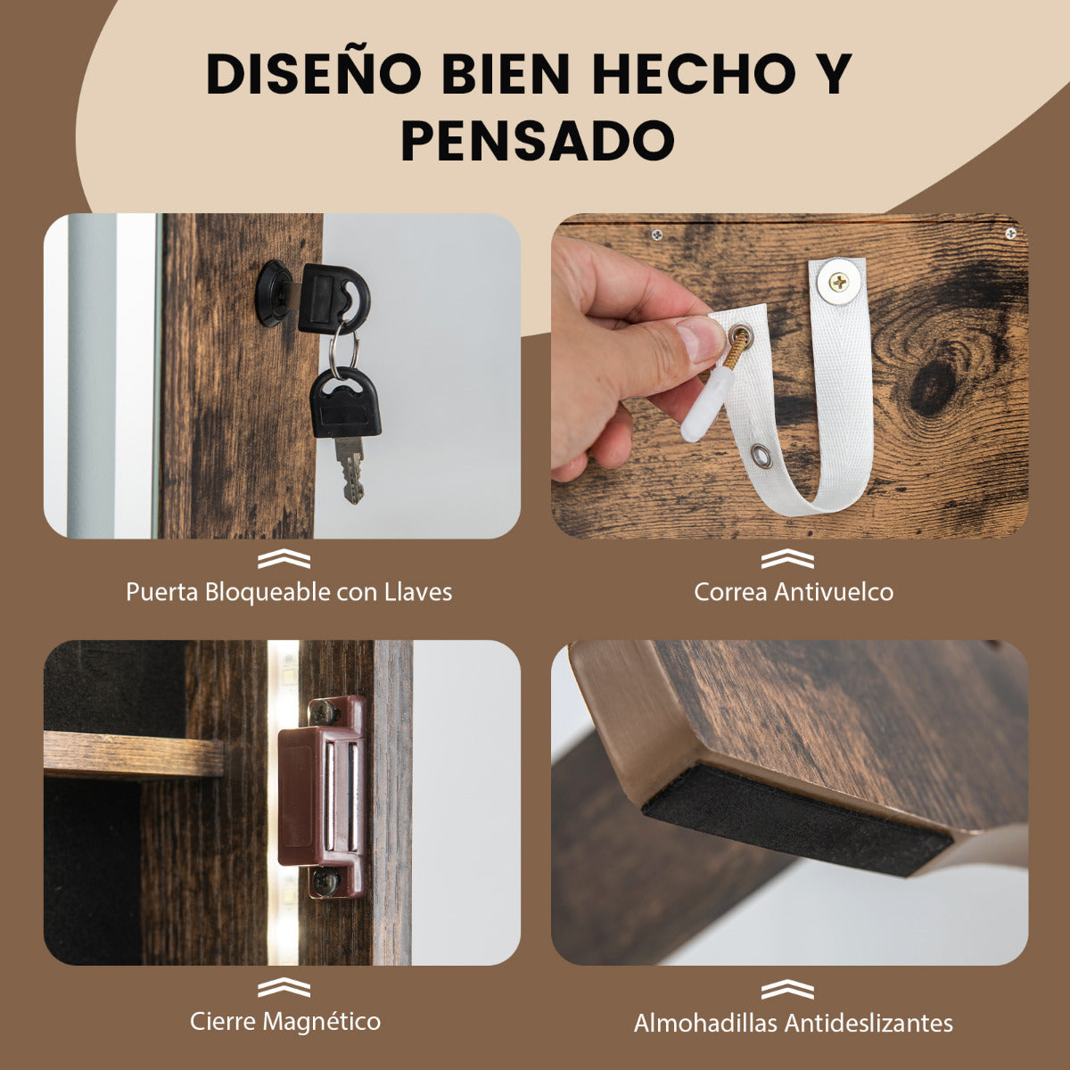 Gabinete de Joyería de Pie con Espejo Iluminado de Cuerpo Entero Luces LED Caja de Lápiz Labial 2 Cajones de 3 Ángulos Ajustables Nuez