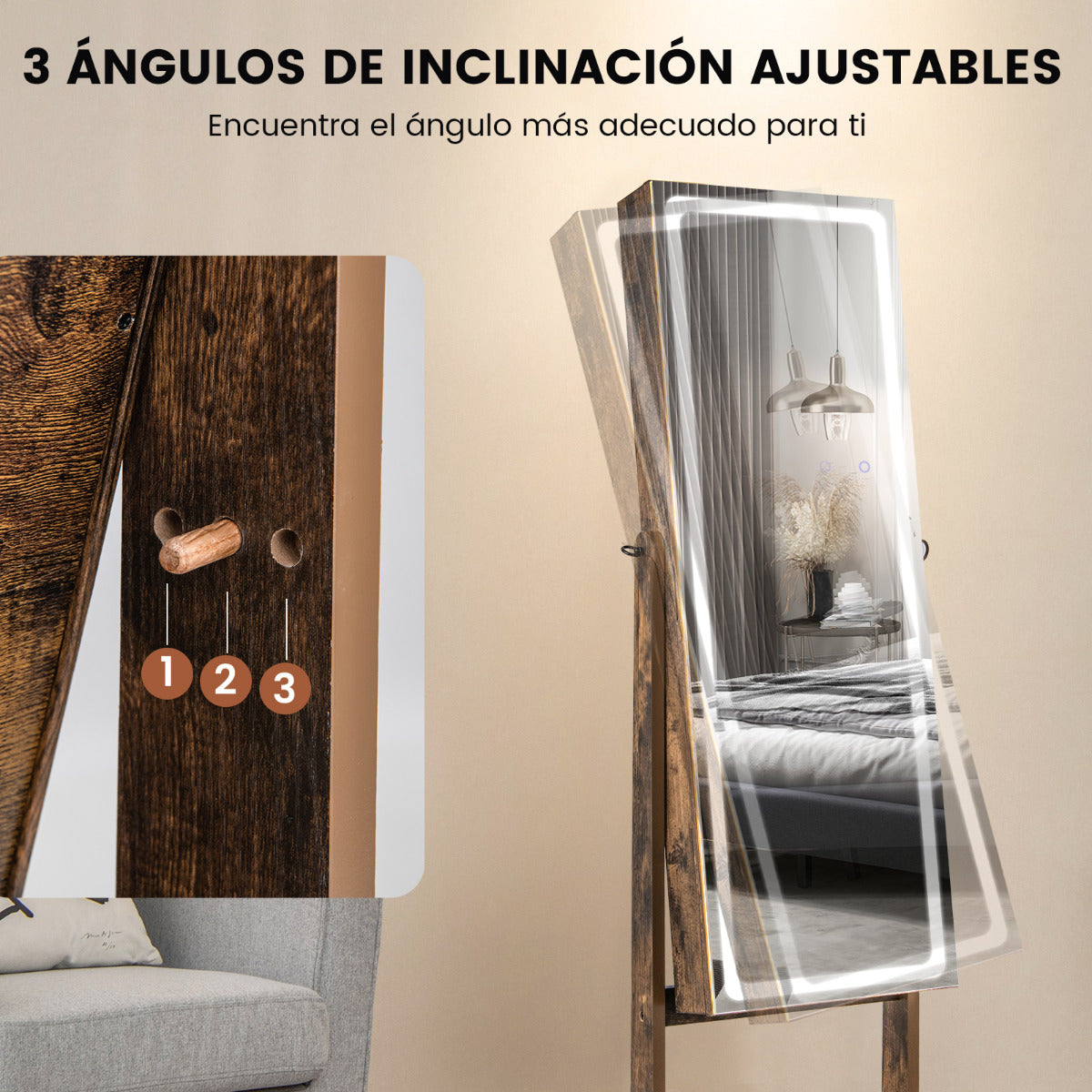 Gabinete de Joyería de Pie con Espejo Iluminado de Cuerpo Entero Luces LED Caja de Lápiz Labial 2 Cajones de 3 Ángulos Ajustables Nuez