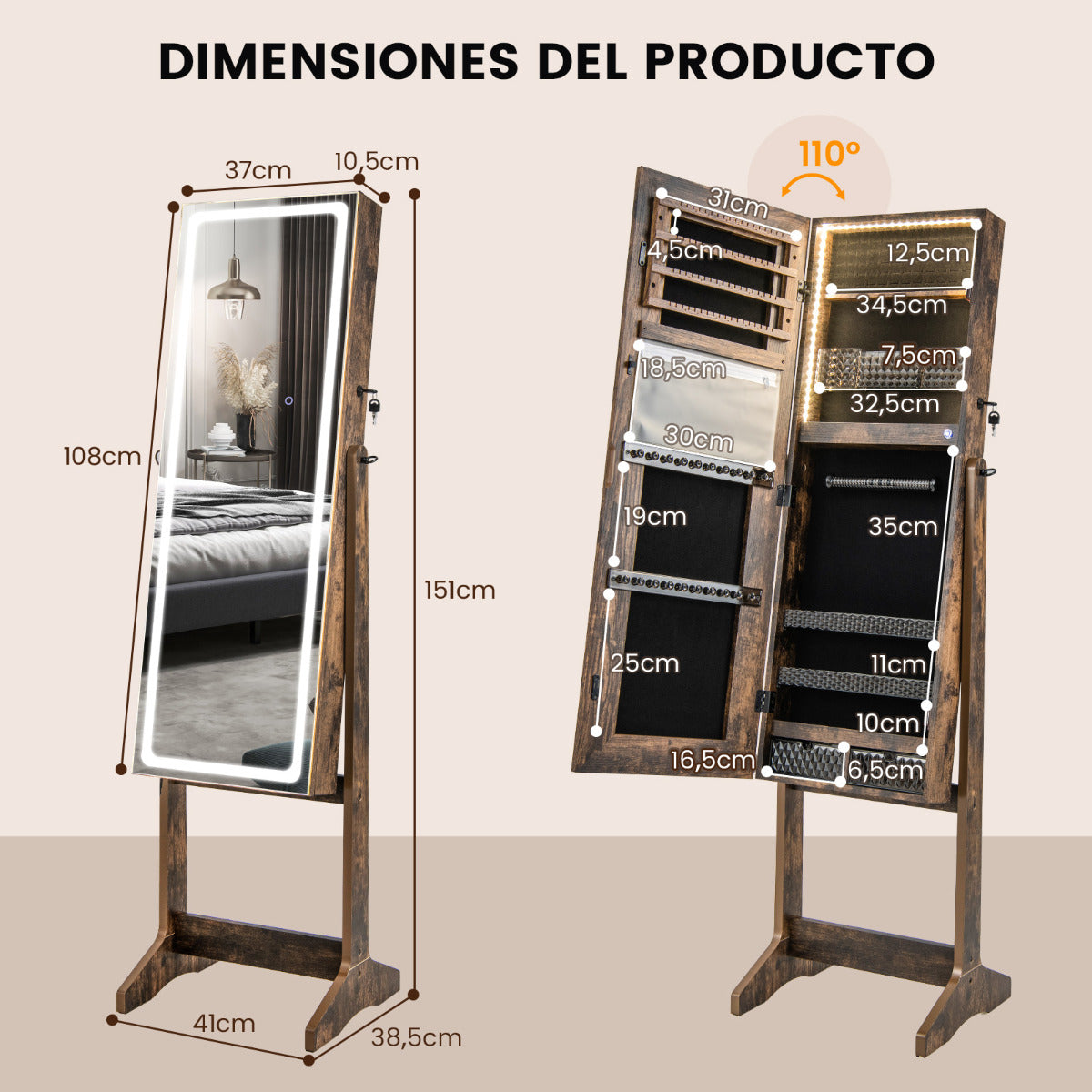 Gabinete de Joyería de Pie con Espejo Iluminado de Cuerpo Entero Luces LED Caja de Lápiz Labial 2 Cajones de 3 Ángulos Ajustables Nuez