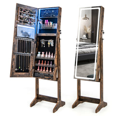 Gabinete de Joyería de Pie con Espejo Iluminado de Cuerpo Entero Luces LED Caja de Lápiz Labial 2 Cajones de 3 Ángulos Ajustables Nuez