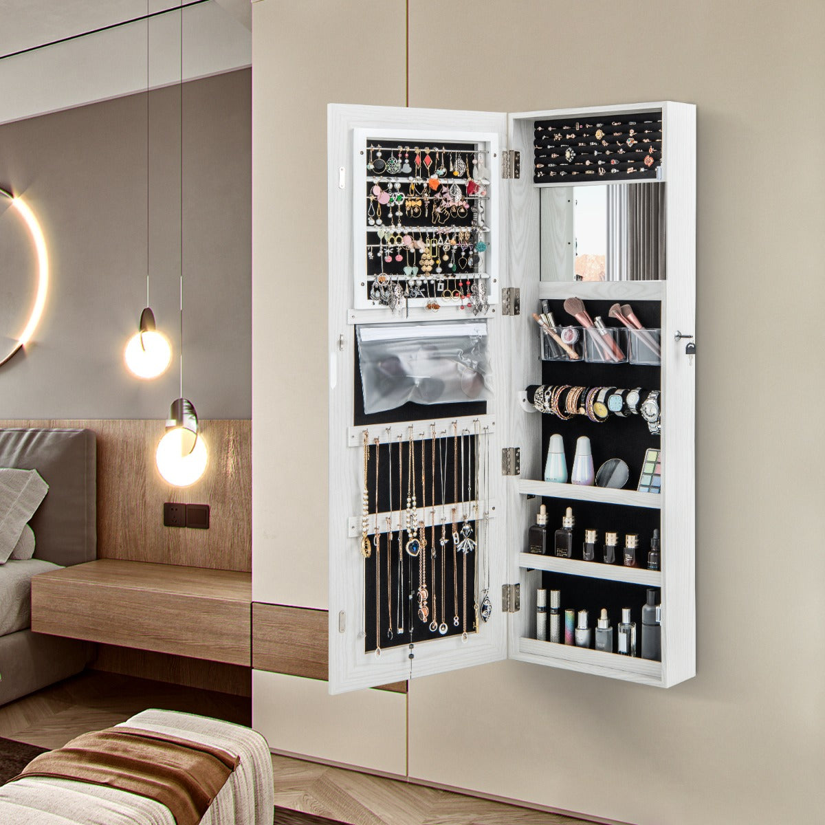 Gabinete de Joyería con Espejo LED de 120 cm Luces de 3 Colores Espejo Almacenamiento de Maquillaje y Puerta Magnética Cerradura Blanco