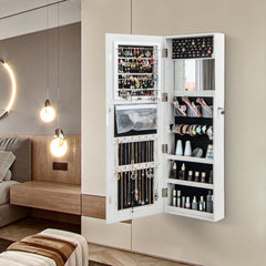 Gabinete de Joyería con Espejo LED de 120 cm Luces de 3 Colores Espejo Almacenamiento de Maquillaje y Puerta Magnética Cerradura Blanco