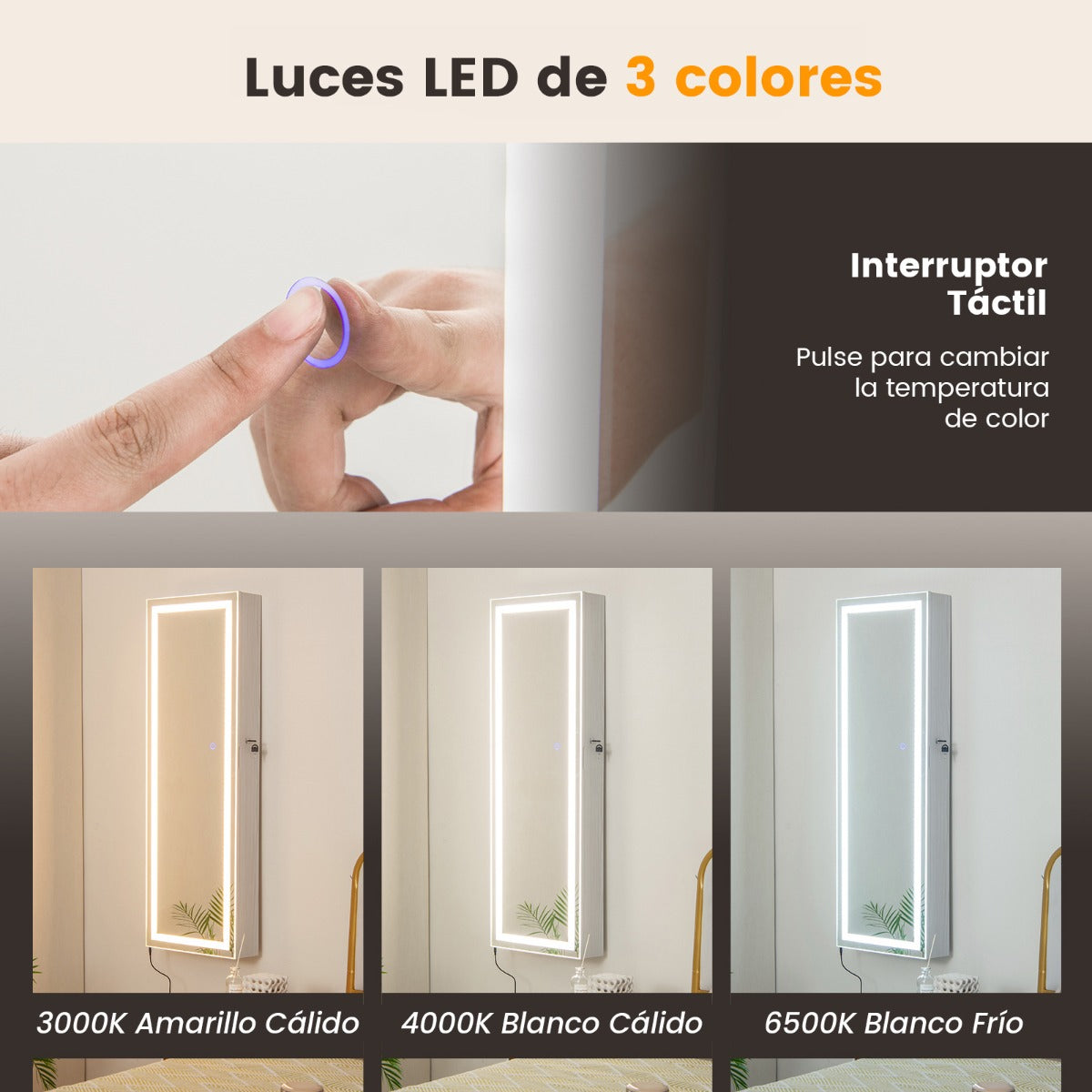 Gabinete de Joyería con Espejo LED de 120 cm Luces de 3 Colores Espejo Almacenamiento de Maquillaje y Puerta Magnética Cerradura Blanco