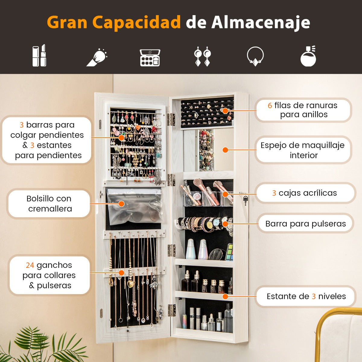 Gabinete de Joyería con Espejo LED de 120 cm Luces de 3 Colores Espejo Almacenamiento de Maquillaje y Puerta Magnética Cerradura Blanco