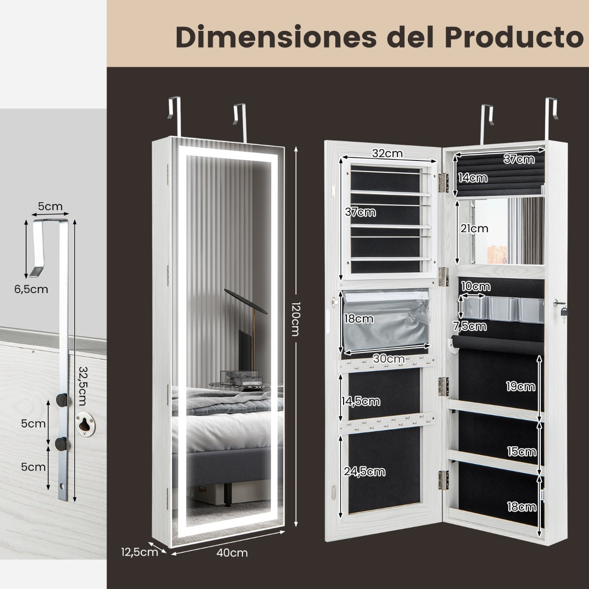 Gabinete de Joyería con Espejo LED de 120 cm Luces de 3 Colores Espejo Almacenamiento de Maquillaje y Puerta Magnética Cerradura Blanco