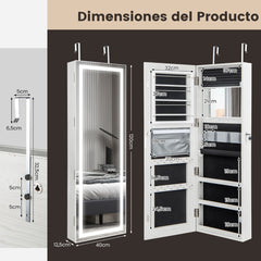 Gabinete de Joyería con Espejo LED de 120 cm Luces de 3 Colores Espejo Almacenamiento de Maquillaje y Puerta Magnética Cerradura Blanco