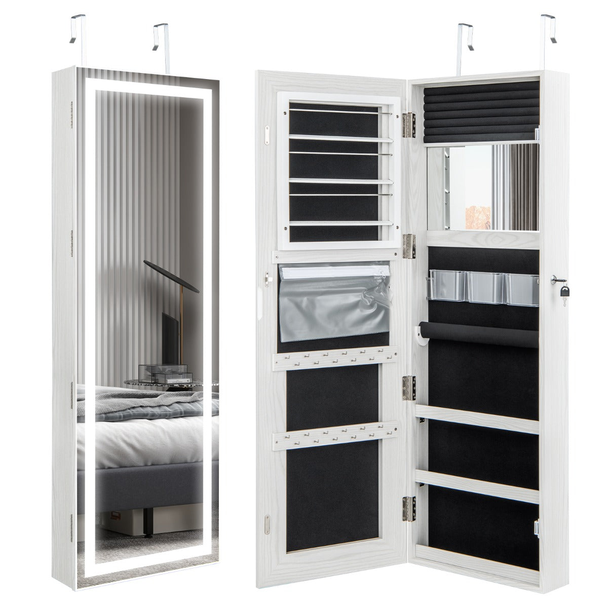 Gabinete de Joyería con Espejo LED de 120 cm Luces de 3 Colores Espejo Almacenamiento de Maquillaje y Puerta Magnética Cerradura Blanco