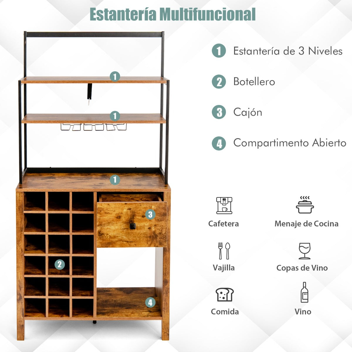 Gabinete Independiente de Cocina Comedor con Estante de 4 Niveles para Vino Soporte para Horno Microondas 74 x 40 x 160 cm Marrón