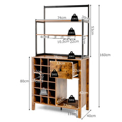 Gabinete Independiente de Cocina Comedor con Estante de 4 Niveles para Vino Soporte para Horno Microondas 74 x 40 x 160 cm Marrón